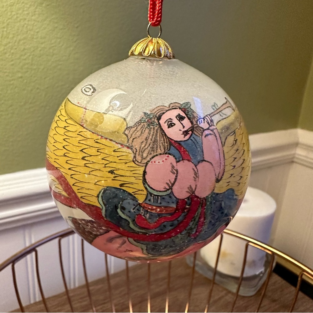Hudson’s Angel Playing the Horn Glass Globe Painted from Inside Ornament in Box